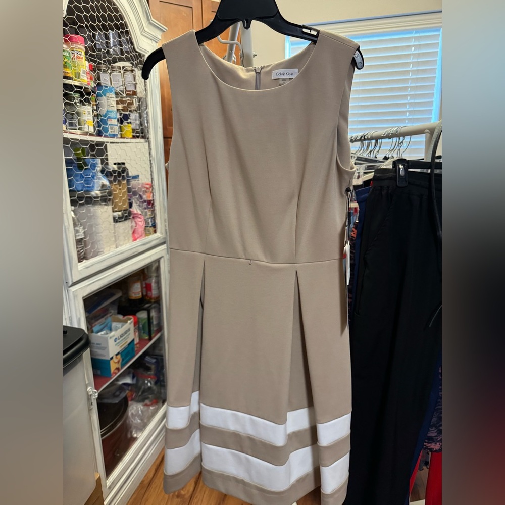 Calvin Klein Beige and White Midi Dress